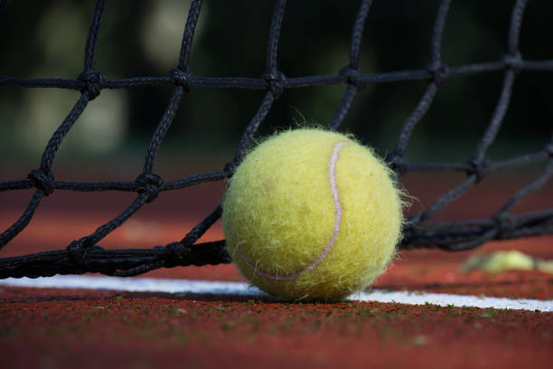 istock Tennis scene with black net, ball on white line 1482104194