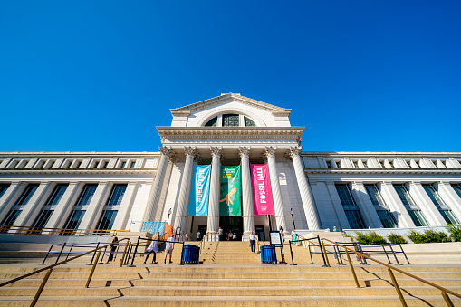 Boston, MA, USA - August 6, 2021: View of the entrance of the Museum of Fine Arts in Boston, is the 14th-largest art museum in the world. The Museum of Fine Arts was founded in 1870. The Museum of Fine Arts possesses materials from a wide variety of art movements and cultures.