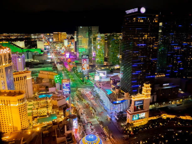 Amazing night landscape to Las Vegas Strip from the Eiffel Tower at Paris hotel. Hotel, buildings illuminated at evening stock photo
