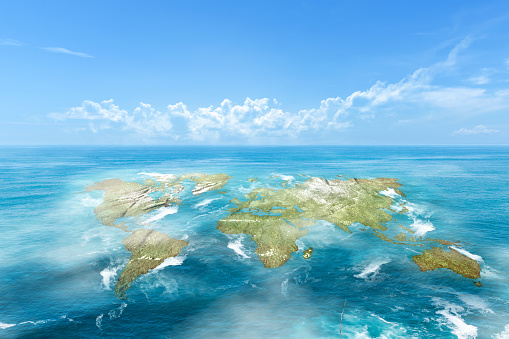Sea view with world map on blue sky background