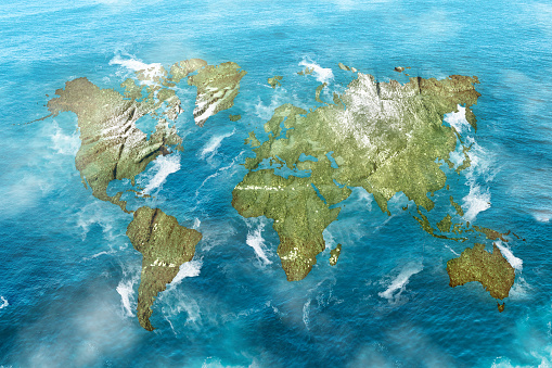 Sea view with world map on blue sky background