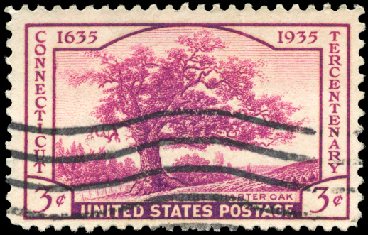 A Stamp printed in USA shows Charter Oak, Connecticut Tercentenary Issue, circa 1935