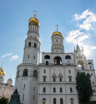 Smolny Cathedral, orthodox old church on a summer evening sunlight, clear blue sky. Saint Petersburg. Russia.