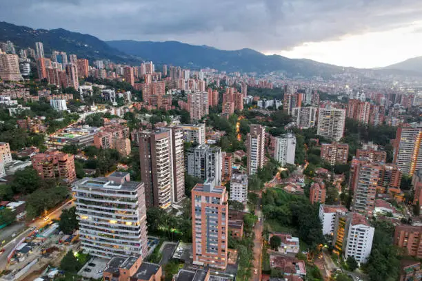 Aerial views from over Medellin, Colombia on a cloudy day