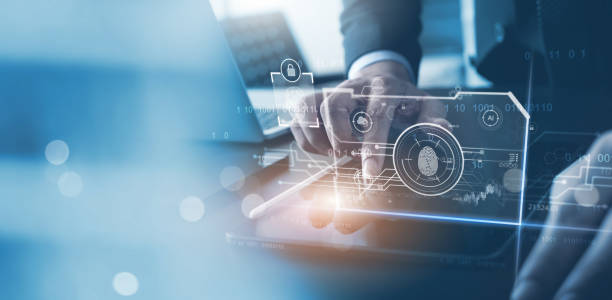 istock Cyber security concept. Businessman using digital tablet and fingerprint scanning unlock and access to business data network. Biometric identification, protect personal data from online digital cyber attack 1482117010