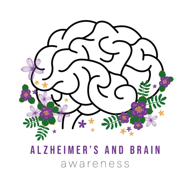 ilustraciones, imágenes clip art, dibujos animados e iconos de stock de mes de concientización sobre el alzheimer y el cerebro. cerebro y flor - alzheimer