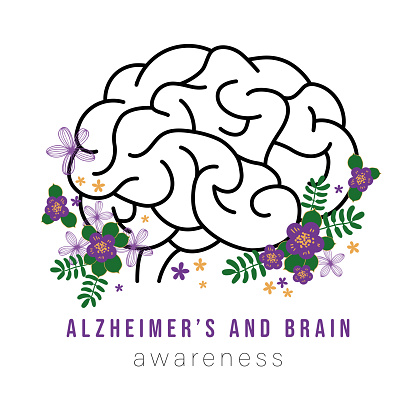Alzheimers and Brain Awareness Month. Brain and flower