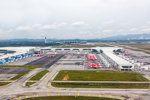 Kuala Lumpur, Malaysia - February 6, 2023: Kuala Lumpur International Airport Terminal 2 aerial view in Malaysia.