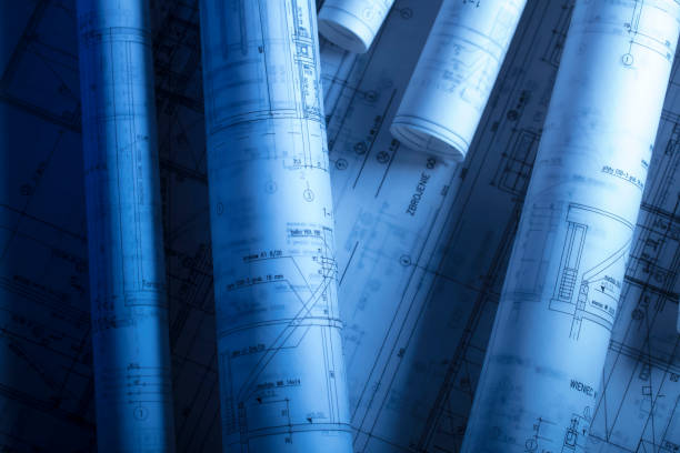 Architecture concept. Workplace of architect. Rolls of blueprints. Blueprint stock pictures, royalty-free photos & images