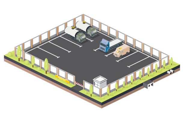 parking izometryczny dla samochodów ciężarowych i osobowych. punkt kontrolny z barierą. - fuel tanker truck storage tank isometric stock illustrations