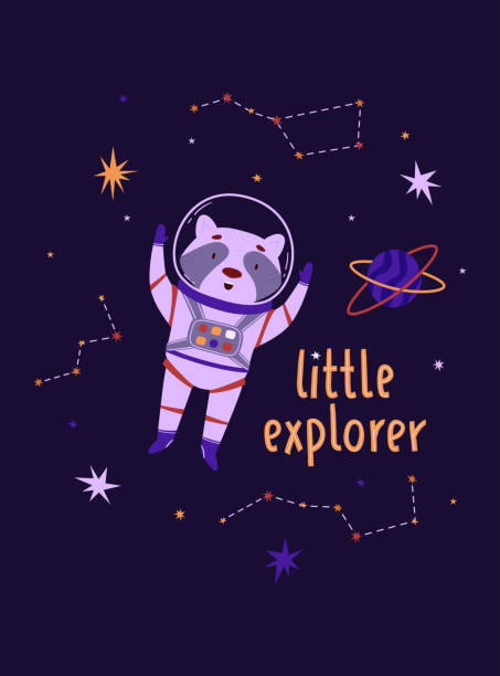 istock Cute space poster vector illustration. Raccoon astronaut in outer space, cartoon animal. Little explorer lettering. Ideal for kids concepts 1482122544