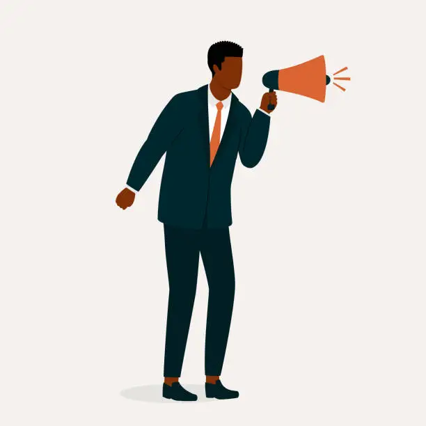 Vector illustration of Black Businessman Yelling Into A Megaphone.