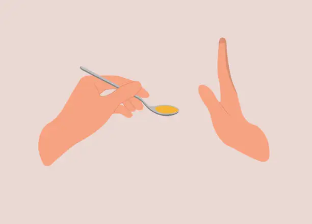 Vector illustration of A Person’s Hand Holding Spoon With Medicine Syrup And Another Person’s Hand In Rejection Gesture.