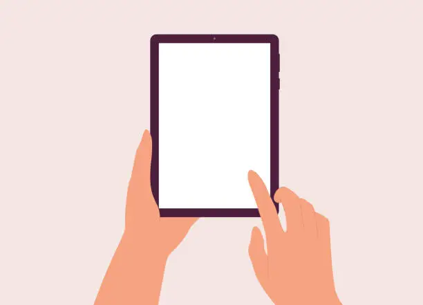 Vector illustration of A Person’s Hand Holding A Digital Tablet With Blank Screen.
