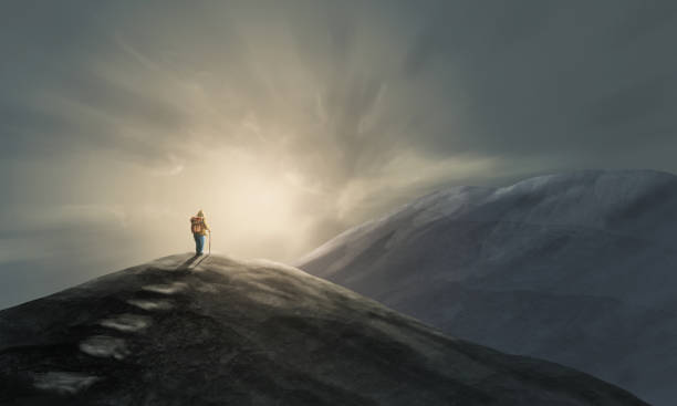 istock Climber, man standing on top of mountain landscape under sunset dramatic sky. Digital paiting, calm art background 1482125486