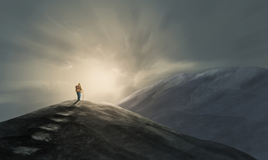 Climber, man standing on top of mountain landscape under sunset dramatic sky. Digital paiting, calm art background