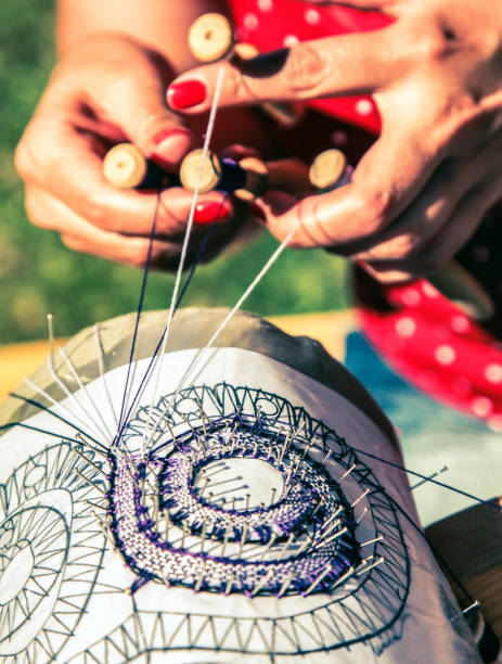 istock Hands of woman sewing embroidery pattern. 1482128299