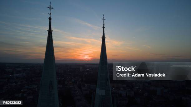 Sunset Between Chrunch Towers Stock Photo - Download Image Now - Rybnik, Backgrounds, Color Image