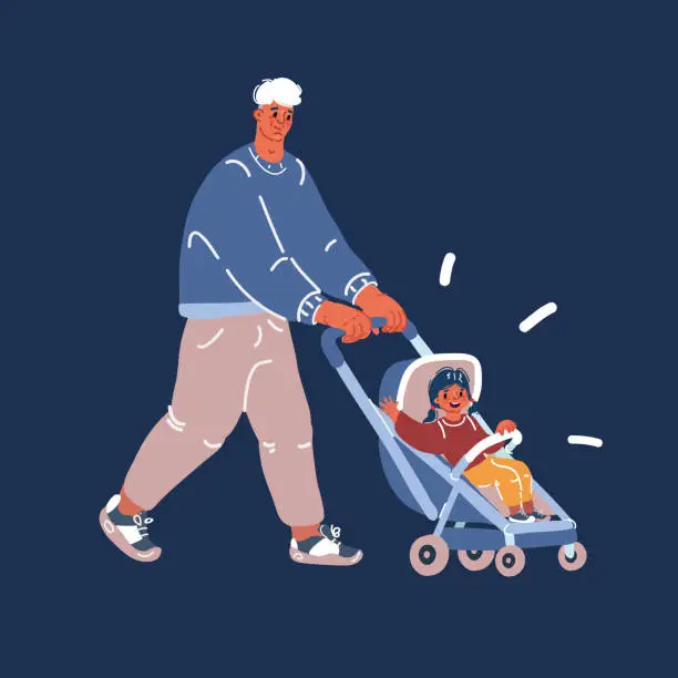 Vector illustration of Cartoon vector illustration of Father walking with a stroller and a baby