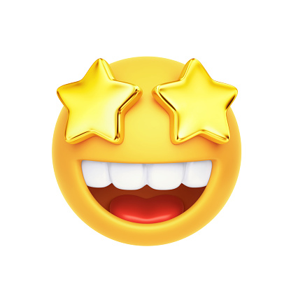 Emoji with golden starry eyed and open smile isolated on white background. 3D rendering with clipping path