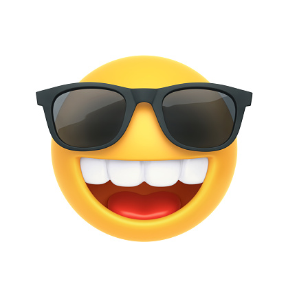 Emoji with sunglasses and open smile isolated on white background. 3D rendering with clipping path