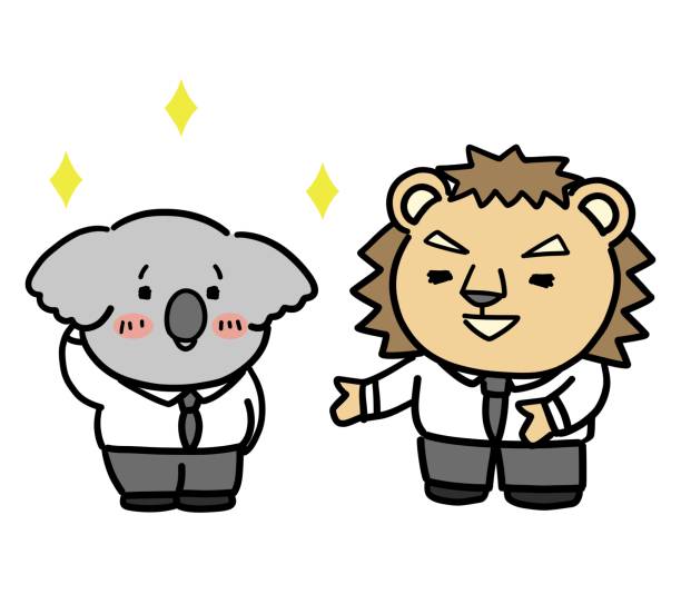 Anthropomorphic illustration of a koala and lion Anthropomorphic illustration of a koala and lion. pep rally stock illustrations