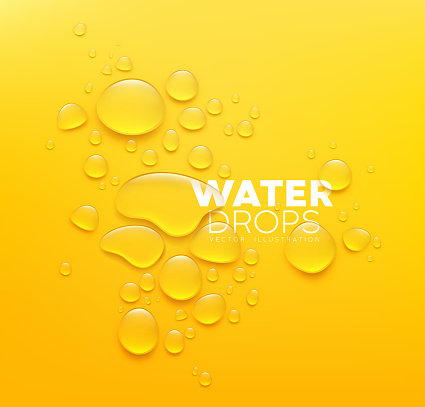 Water drops realistic, poster design on yellow background, Eps 10 vector illustration