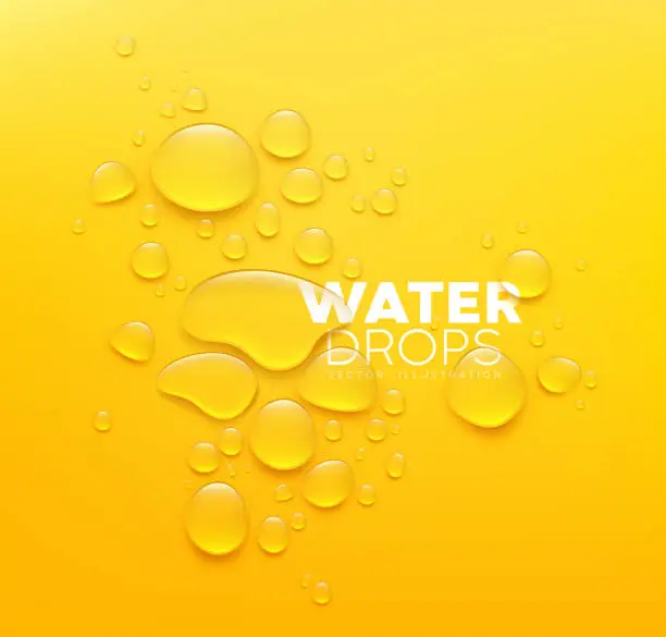 Vector illustration of Water drops realistic, poster design on yellow background