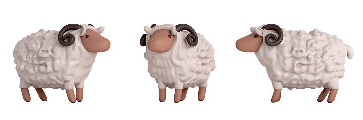 Set of sheeps in different poses cartoon style isolated on white background, 3d rendering illustration