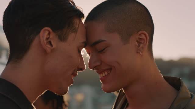young homosexual couple sharing intimate connection enjoying rooftop party at sunset dancing together group of friends having fun celebrating summer vacation
