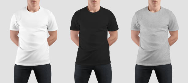 istock White, black, heather t-shirt mockup on guy with hands behind, stylish clothes for design, branding, front view. 1482143182