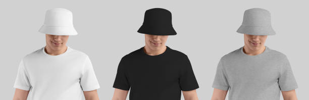 istock Mockup white, black, heather panama hat on smiling guy, hat for design, pattern, branding, summer wear isolated on background. 1482143261