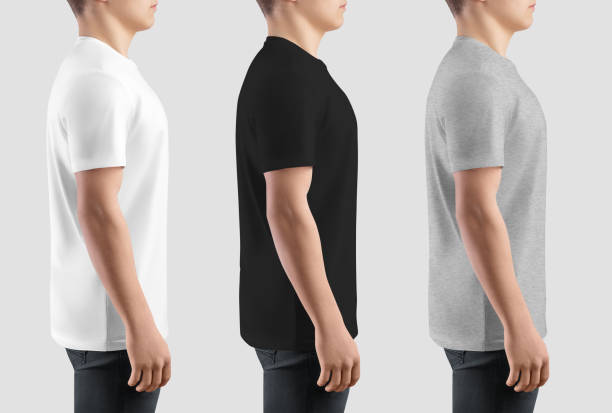istock White, black, heather shirt template on guy, side view, trendy t-shirt for pattern, branding, design. 1482143296