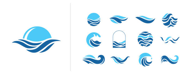 ilustraciones, imágenes clip art, dibujos animados e iconos de stock de conjunto vectorial de logotipo de onda. plantillas de iconos de agua. mar abstracto, oleadas oceánicas en círculo. diseño conceptual de líquido azul naturaleza - river wave symbol sun