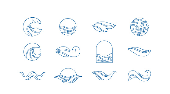 Wave line logo vector set. Water icon templates. Abstract outline sea, ocean surges in circle. Nature blue liquid concept design.