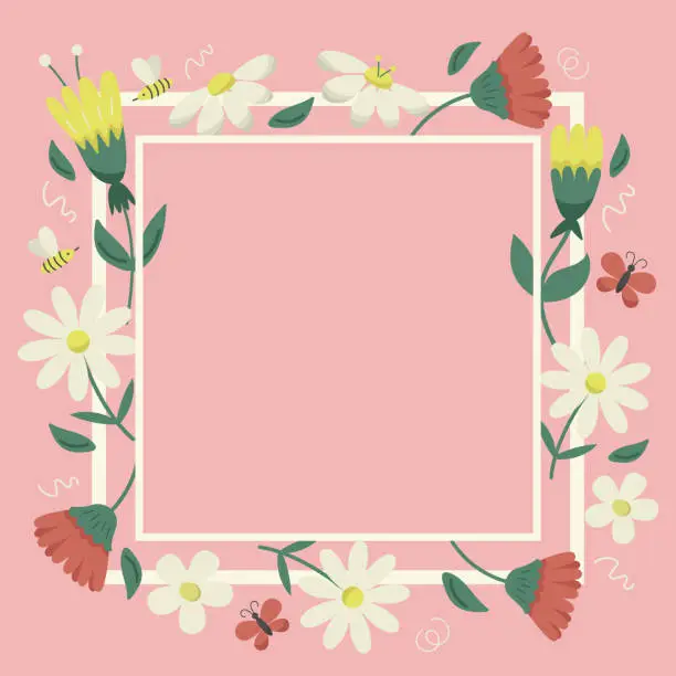 Vector illustration of Spring flowers square pink background with different flat flowers. Vector frame of floral plants, banner template