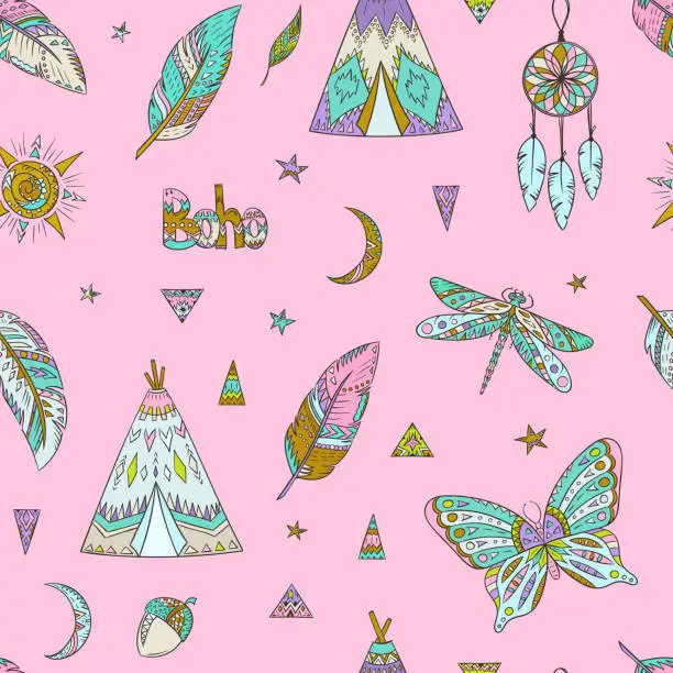 Vector illustration of Boho style pattern. Doodle ethnic background. Tribal. Bohemian style. Folk. Ornaments. Fashion. Fabric design. Zentangle butterfly. Dragonfly. Teepee. Dreamcathcer. Feather.