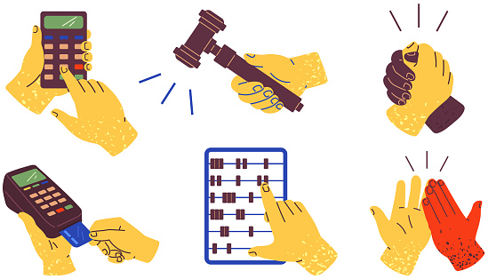 Accounting, calculating, working with devices to count. Set of colorful hands holding different items and showing gestures. Objects for counting, gavel of judge and handshakes vector illusration
