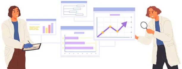 Vector illustration of Scientist works with data analytics and research of statistics. Woman with loupe looking at chart