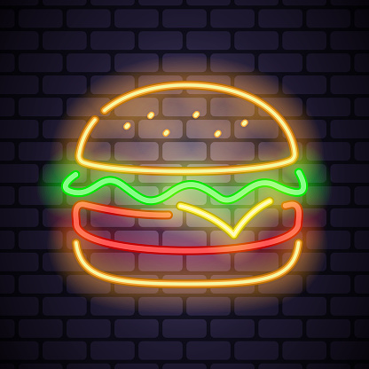Burger neon icon on dark brick background. Editable stroke and blend. Vector illustration.