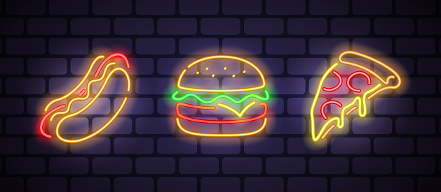Pizza, hot dog and burger neon icons on dark brick background. Editable stroke and blend. Vector illustration.
