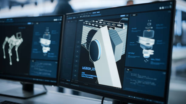 istock Close Up of a Computer Monitor Display with 3D CAD Software with High Mobility Robot Dog Project. Focus Switches to Research and Development Facility with Engineers Working on a Robot. 1482146151