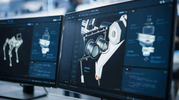 istock Close Up of a Computer Monitor Screen with 3D CAD Software with High Mobility Robot Dog Project. Interface with Vital Setting and Programming Code for the Industrial Robot Prototype. 1482146186