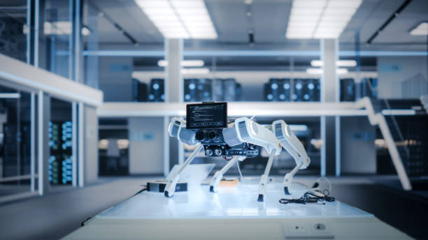istock Mobile Robot Dog Standing in a High Tech Modern Industrial Facility. Robot Prototype with a Screen with Running Software Code. 1482147600