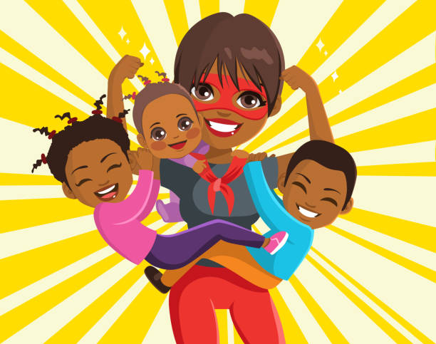 Strong Super Mom With Children vector art illustration