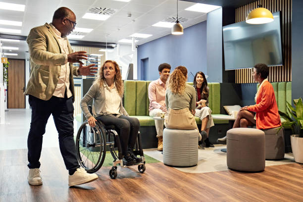 Business people meeting and moving through modern office