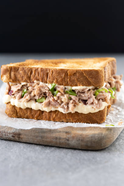 istock Tuna sandwich with mayo and vegetables on gray stone background. 1482150299