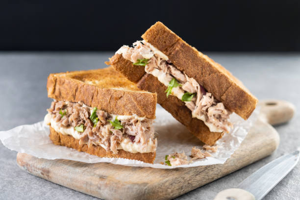 istock Tuna sandwich with mayo and vegetables on gray stone background. 1482150302