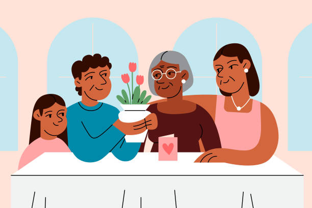illustrazioni stock, clip art, cartoni animati e icone di tendenza di una famiglia multigenerazionale regala regali e biglietti alla madre anziana per la festa della mamma - men african descent giving flower