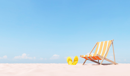 3D render of empty sandy beach with slippers placed near striped folding beach chair under blue sky on sunny day
